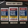 Piston Return Springs Prank Delivery Options Genuine Piston Return Springs prank shown as a DIY sticker, on a 6 × 9 bubble mailer and on a matching 6 × 9 box.