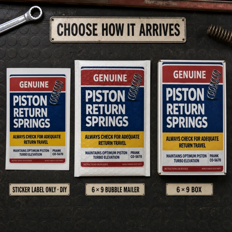 Piston Return Springs Prank Delivery Options Genuine Piston Return Springs prank shown as a DIY sticker, on a 6 × 9 bubble mailer and on a matching 6 × 9 box.