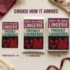 Pre-Owned Lingerie Prank Delivery Options Gently Pre-Owned Lingerie prank displayed as a DIY sticker, a 6 × 9 bubble mailer and a matching 6 × 9 box.