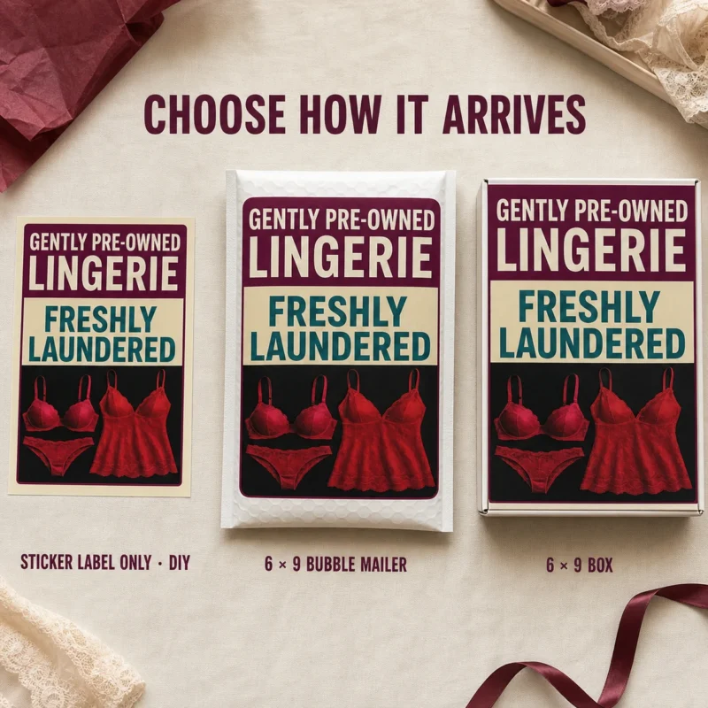 Pre-Owned Lingerie Prank Delivery Options Gently Pre-Owned Lingerie prank displayed as a DIY sticker, a 6 × 9 bubble mailer and a matching 6 × 9 box.