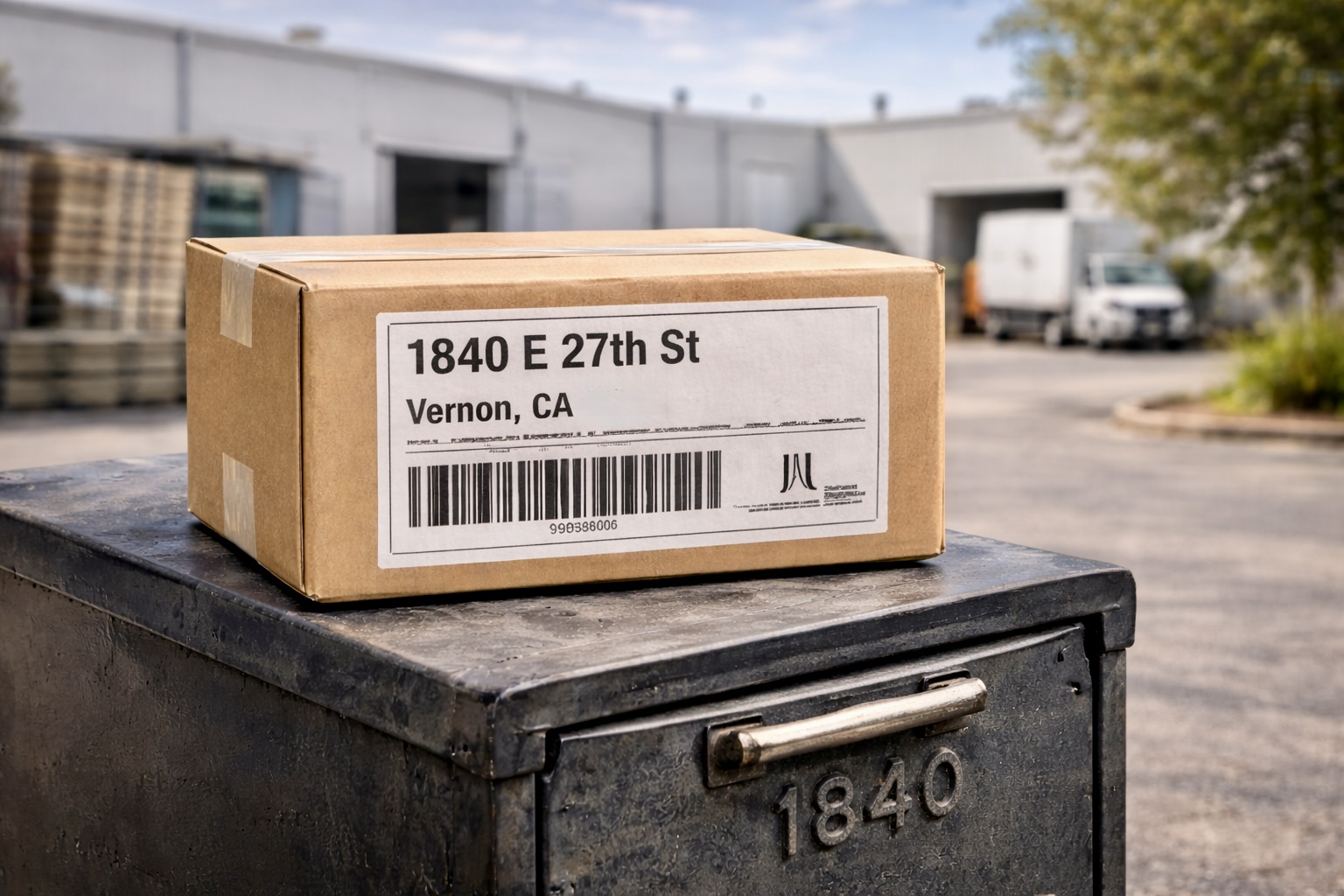 Example of a standard package and shipping label associated with 2100 E 49th St, Vernon, California