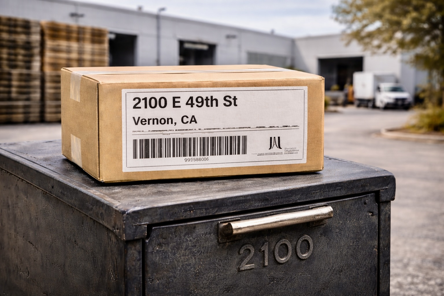 Example of a standard package and shipping label associated with 2100 E 49th St, Vernon, California
