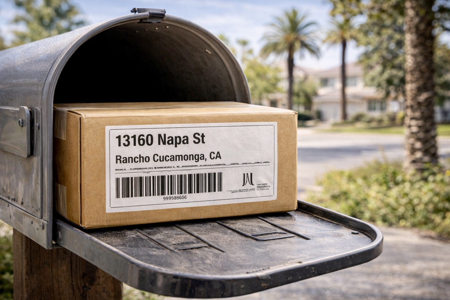 Example of a standard package and shipping label associated with 2100 E 49th St, Vernon, California