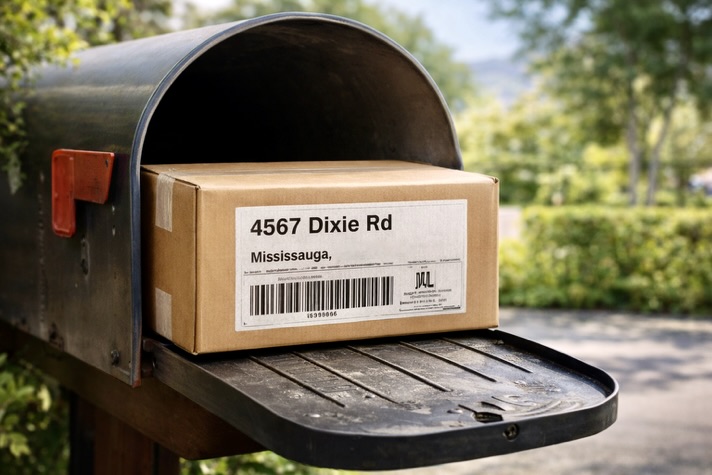 Example of a standard package and shipping label associated with 2100 E 49th St, Vernon, California