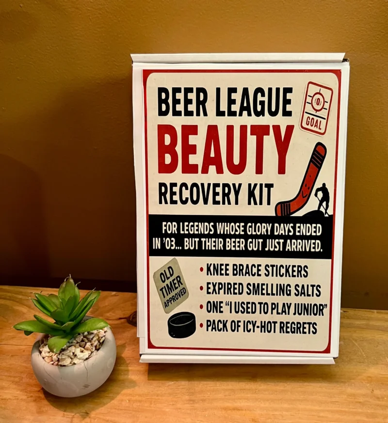 Beer League Beauty prank mailer recovery kit from TheOneAndOnly.ca displayed on a table
