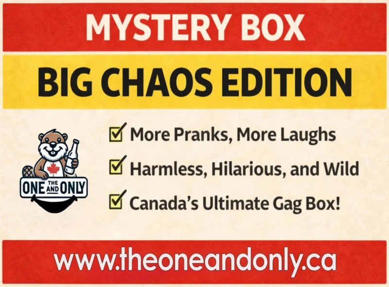 Big Chaos Mystery Box label. Curated prank bundle Canada only
