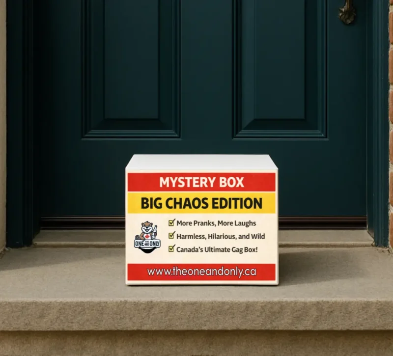 Big Chaos Mystery Box label. Curated prank bundle Canada only