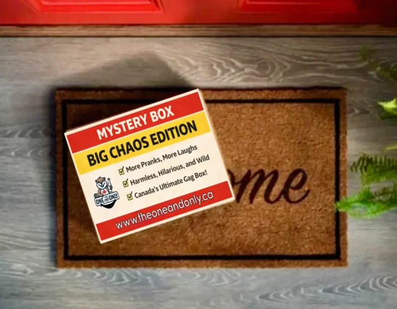 Big Chaos Mystery Box label. Curated prank bundle Canada only
