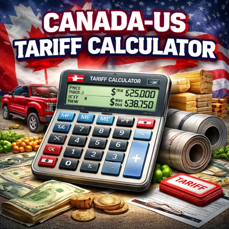 Canada-US tariff calculator illustration showing a calculator, truck, steel coils, lumber, and cash to represent tariff impact on prices