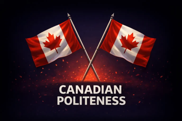 Two Canadians smiling politely while passive aggressively arguing in winter, representing the Canadian way to tell someone off