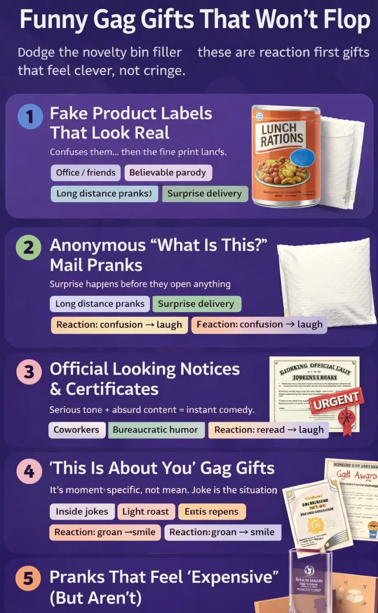 Infographic showing five types of gag gifts that are actually funny, including fake product labels, prank mail, official looking notices, personalized gag gifts, and high impact prank ideas.