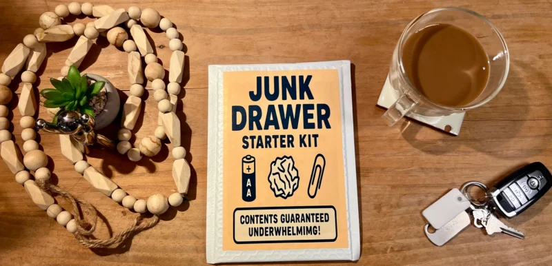 Junk Drawer Starter Kit prank mailer package from TheOneAndOnly.ca on a wooden table beside coffee and car keys