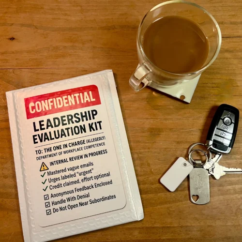 Leadership Evaluation prank mailer package from TheOneAndOnly.ca on a wooden table beside coffee and car keys