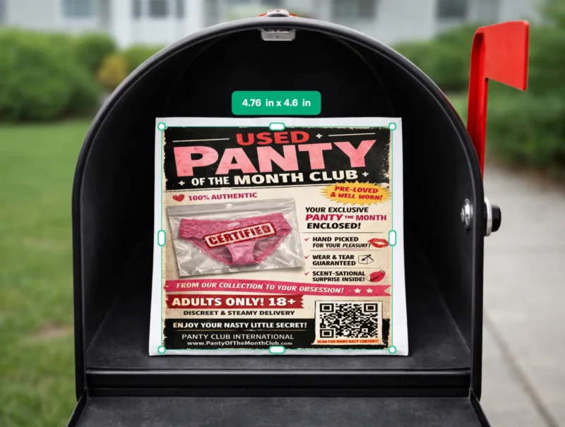 Used Panty of the Month Club prank mail label designed to look like a fake subscription package