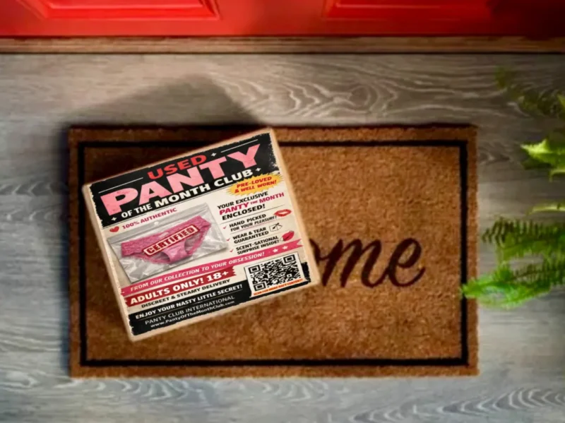 Used Panty of the Month Club prank mail label on a box, designed to look like a fake subscription package