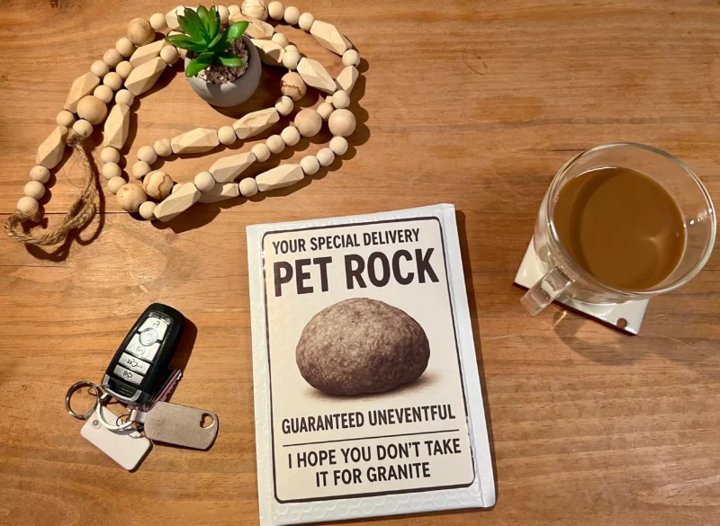 Pet Rock prank mailer package from TheOneAndOnly.ca on a wooden table beside coffee and car keys