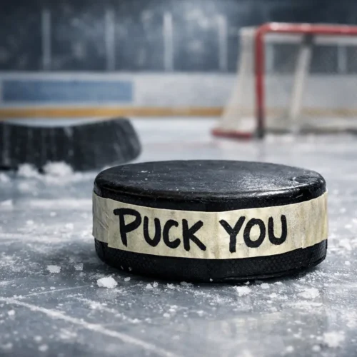 Real hockey puck with masking tape message “Puck You” on ice rink, novelty prank gift from TheOneAndOnly.ca