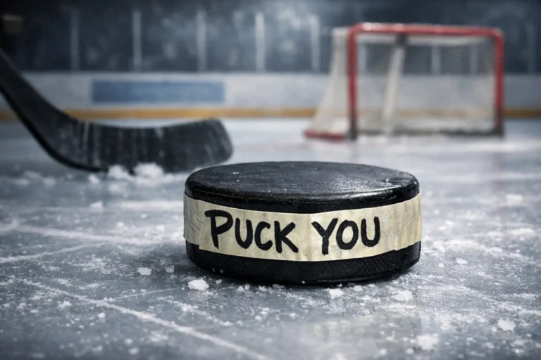 Real hockey puck with masking tape message “Puck You” on ice rink, novelty prank gift from TheOneAndOnly.ca