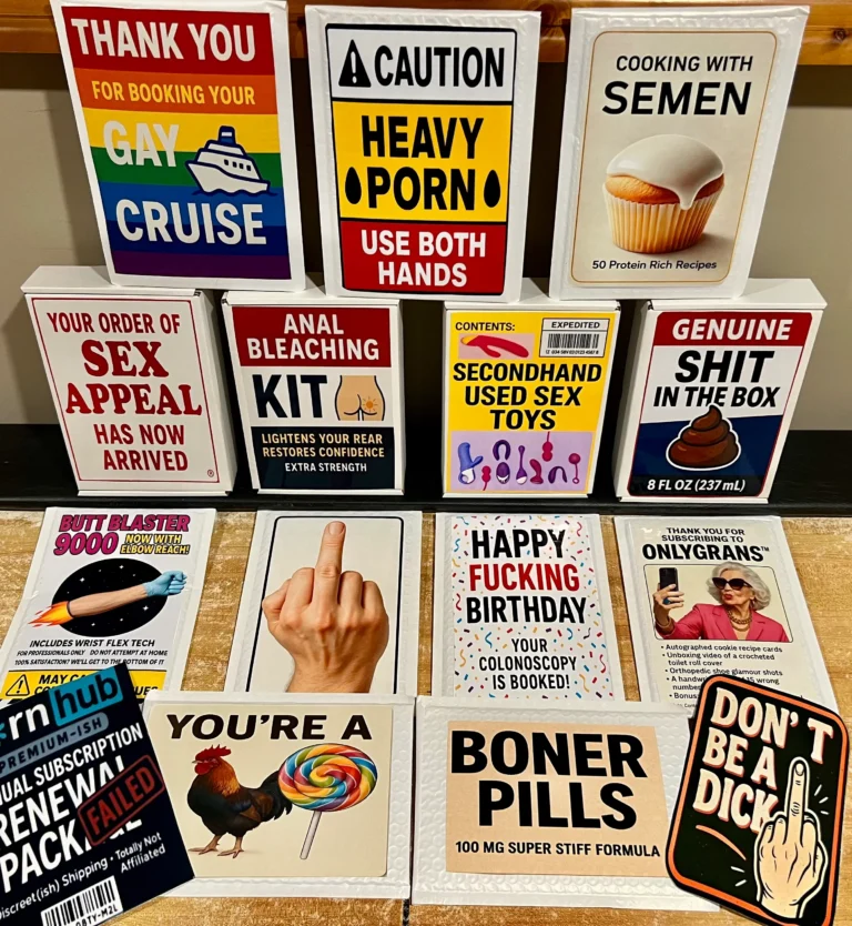 A collection of R-rated prank mail and offensive gag gift packages from TheOneAndOnly.ca including fake product labels and shock value prank mailers