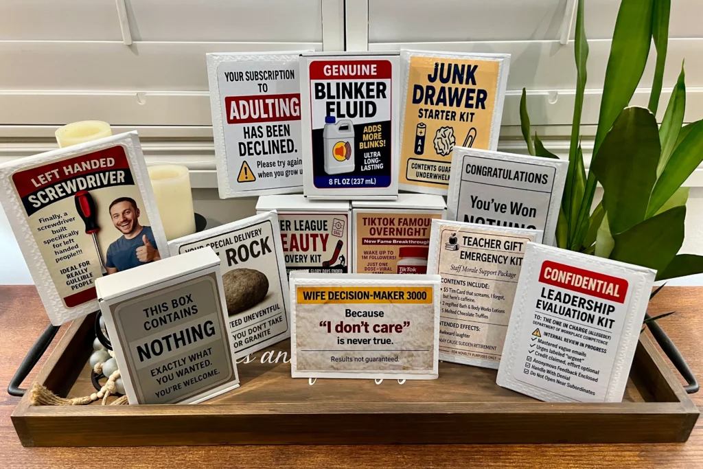 A collection of safe best prank mail and gag gift packages from TheOneAndOnly.ca arranged on a wooden tray