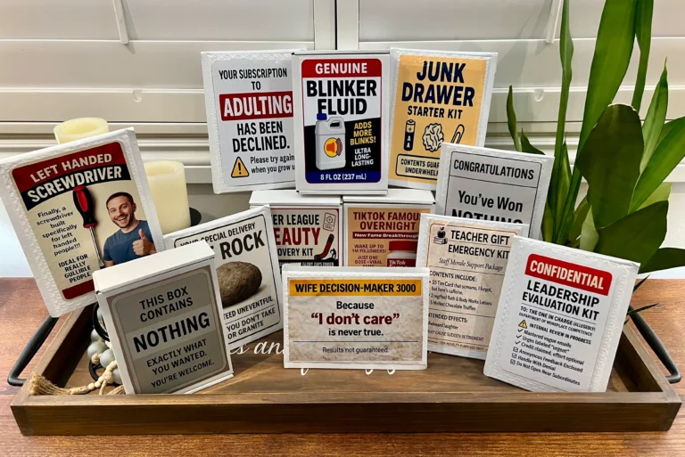 A collection of safe best prank mail and gag gift packages from TheOneAndOnly.ca arranged on a wooden tray