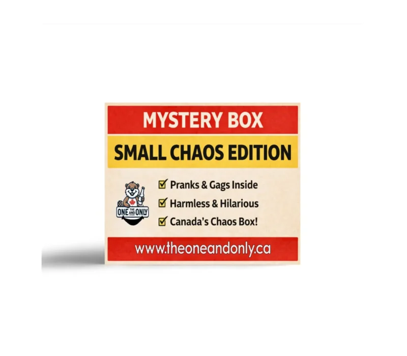 Small Chaos Mystery Box label. Canada only prank box (novelty parody)