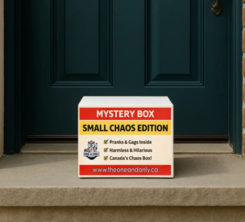 Small Chaos Mystery Box label. Canada only prank box (novelty parody)