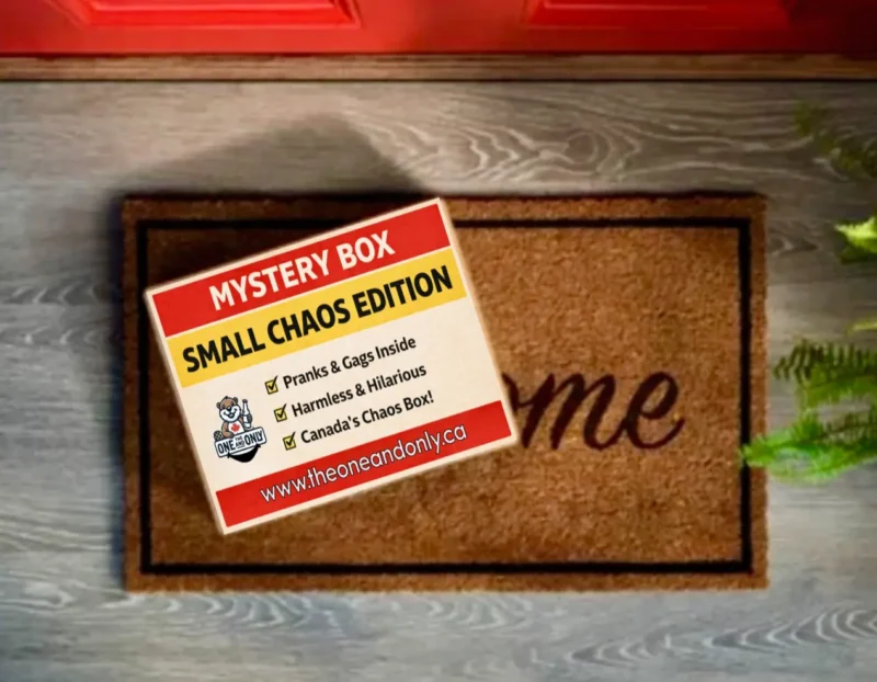 Small Chaos Mystery Box label. Canada only prank box (novelty parody)