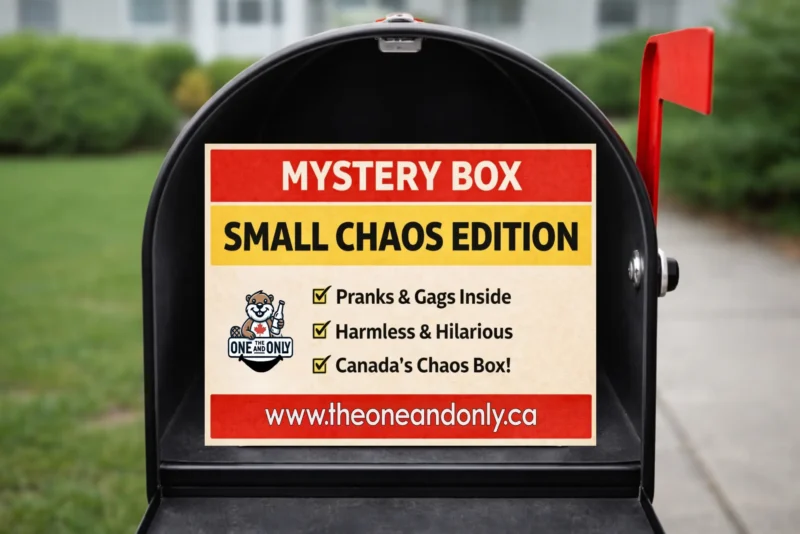 Small Chaos Mystery Box label. Canada only prank box (novelty parody)