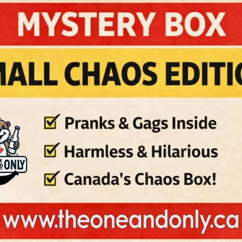 Small Chaos Mystery Box label. Canada only prank box (novelty parody)