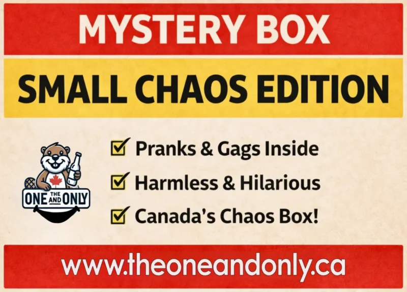 Small Chaos Mystery Box label. Canada only prank box (novelty parody)