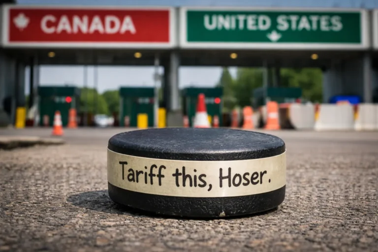 A regulation black hockey puck sitting on a concrete surface in front of a blurred Canada-United States border crossing sign. The puck has a strip of beige masking tape around its side with the words "Tariff this, Hoser." scrawled in black permanent marker. The Puck Drop.
