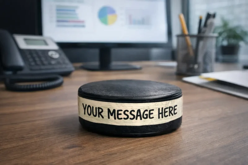 A hockey puck with the text "YOUR MESSAGE HERE" sitting on a desk in an office setting with a computer and phone in the background.