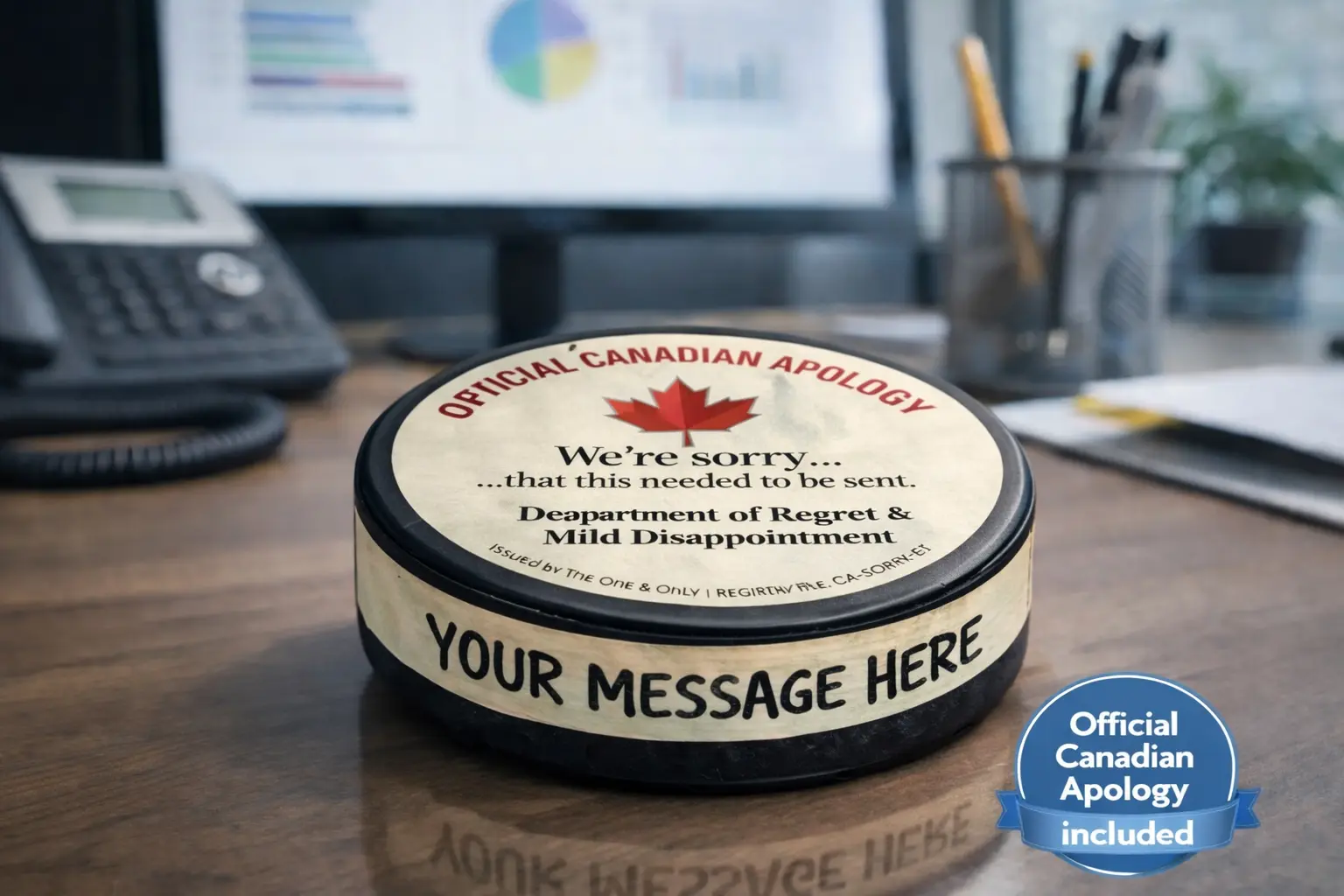 Custom hockey puck prank gift with Official Canadian Apology sticker and personalized message on the side