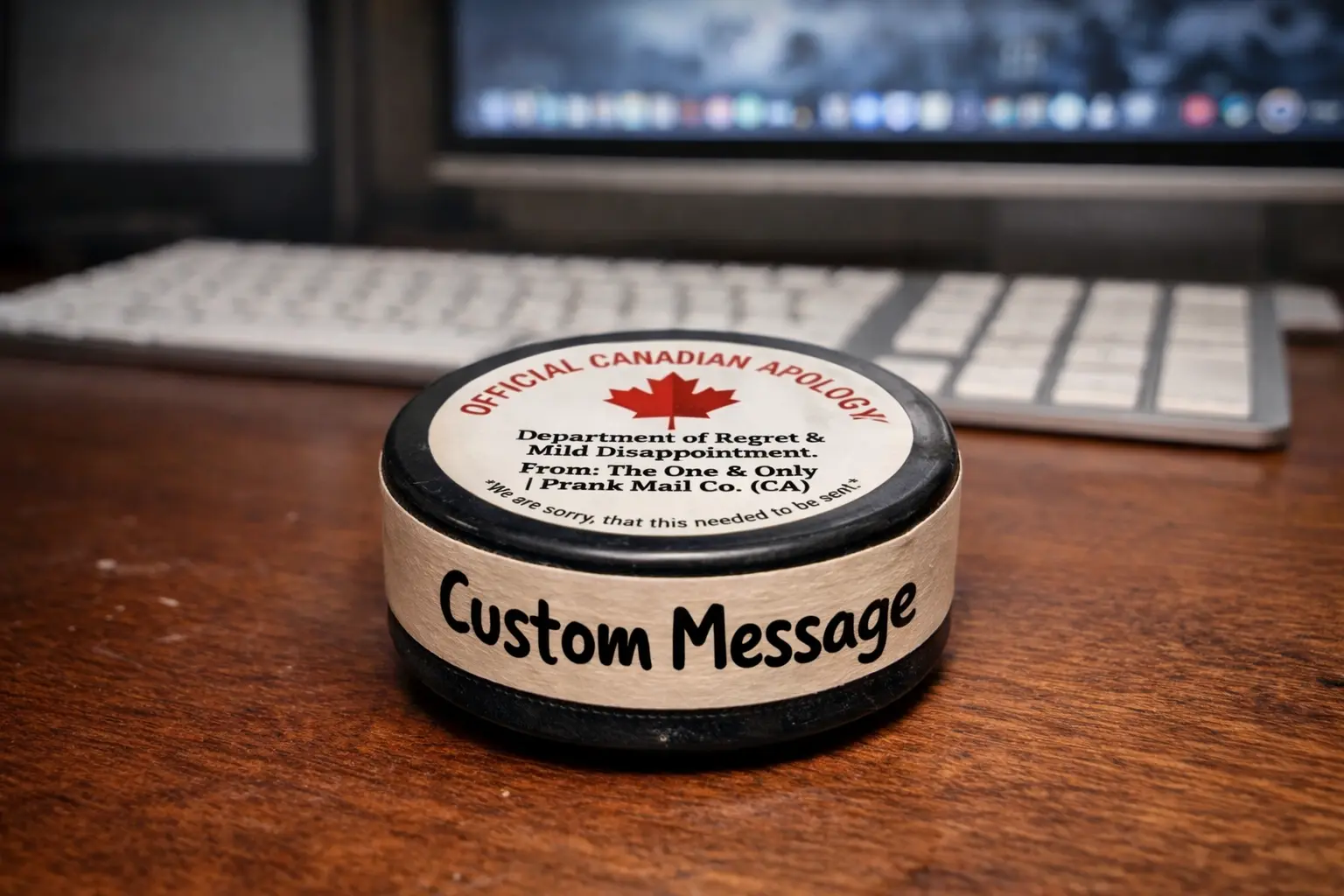 Close up of custom message hockey pucks from TheOneAndOnly.ca