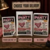 Used Panty of the Month Club prank displayed as a DIY sticker label, a 6 × 9 bubble mailer and a 6 × 9 mailing box on a retro mail order packing desk.
