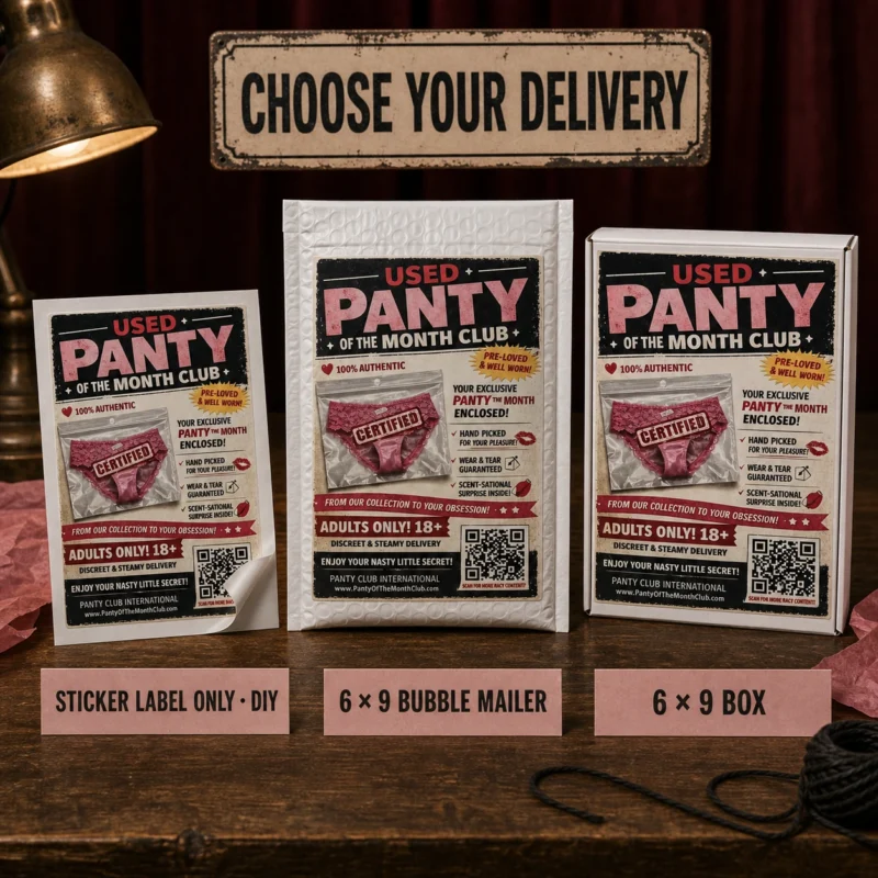 Used Panty of the Month Club prank displayed as a DIY sticker label, a 6 × 9 bubble mailer and a 6 × 9 mailing box on a retro mail order packing desk.