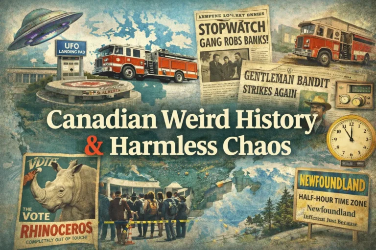 Canadian weird history collage featuring pranks, scandals and heists, with vintage headlines, a UFO landing pad, and “harmless chaos” theme