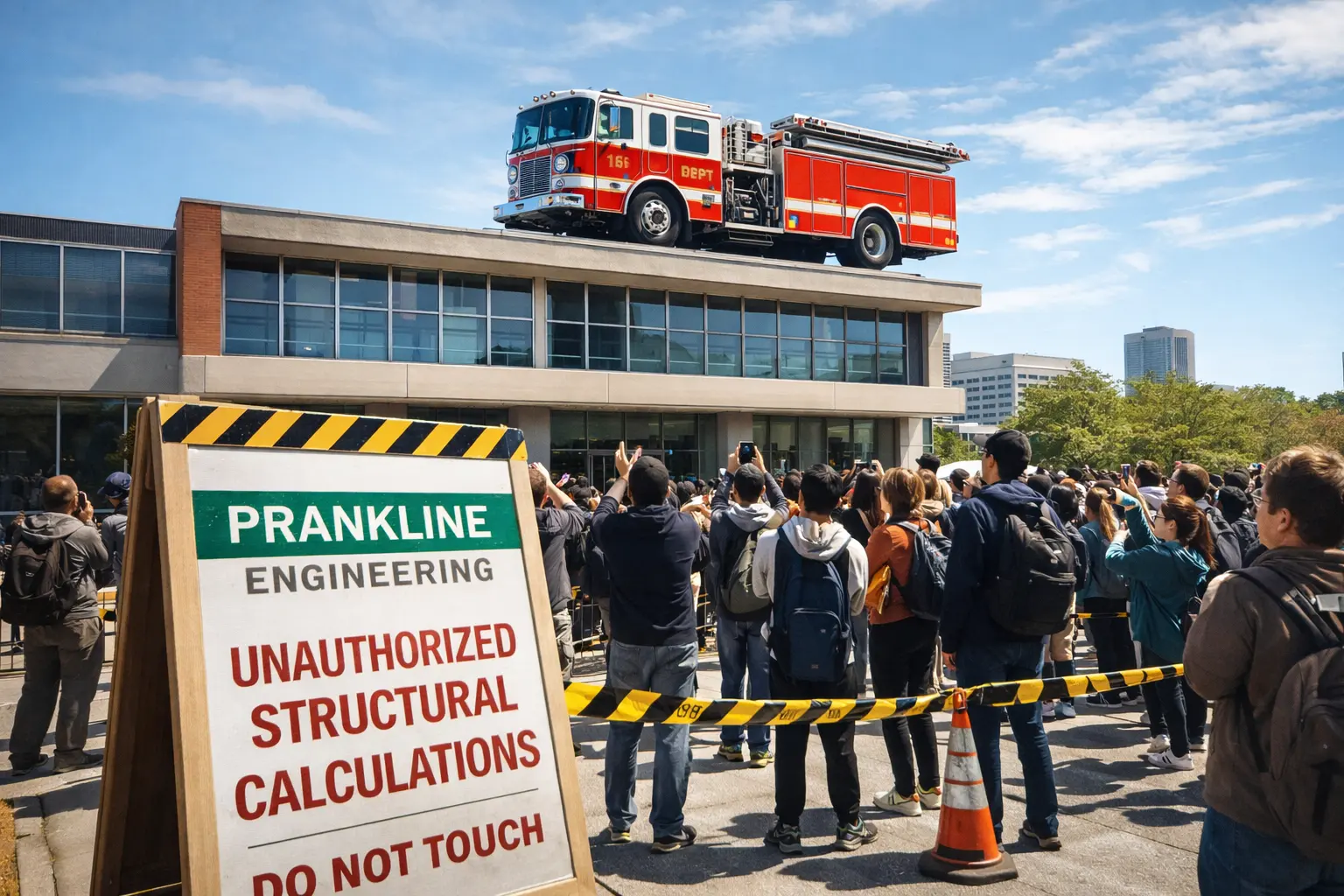 Campus-style collage showing Canadian engineering prank vibes: a large object staged in an unexpected place with a vintage headline aesthetic.