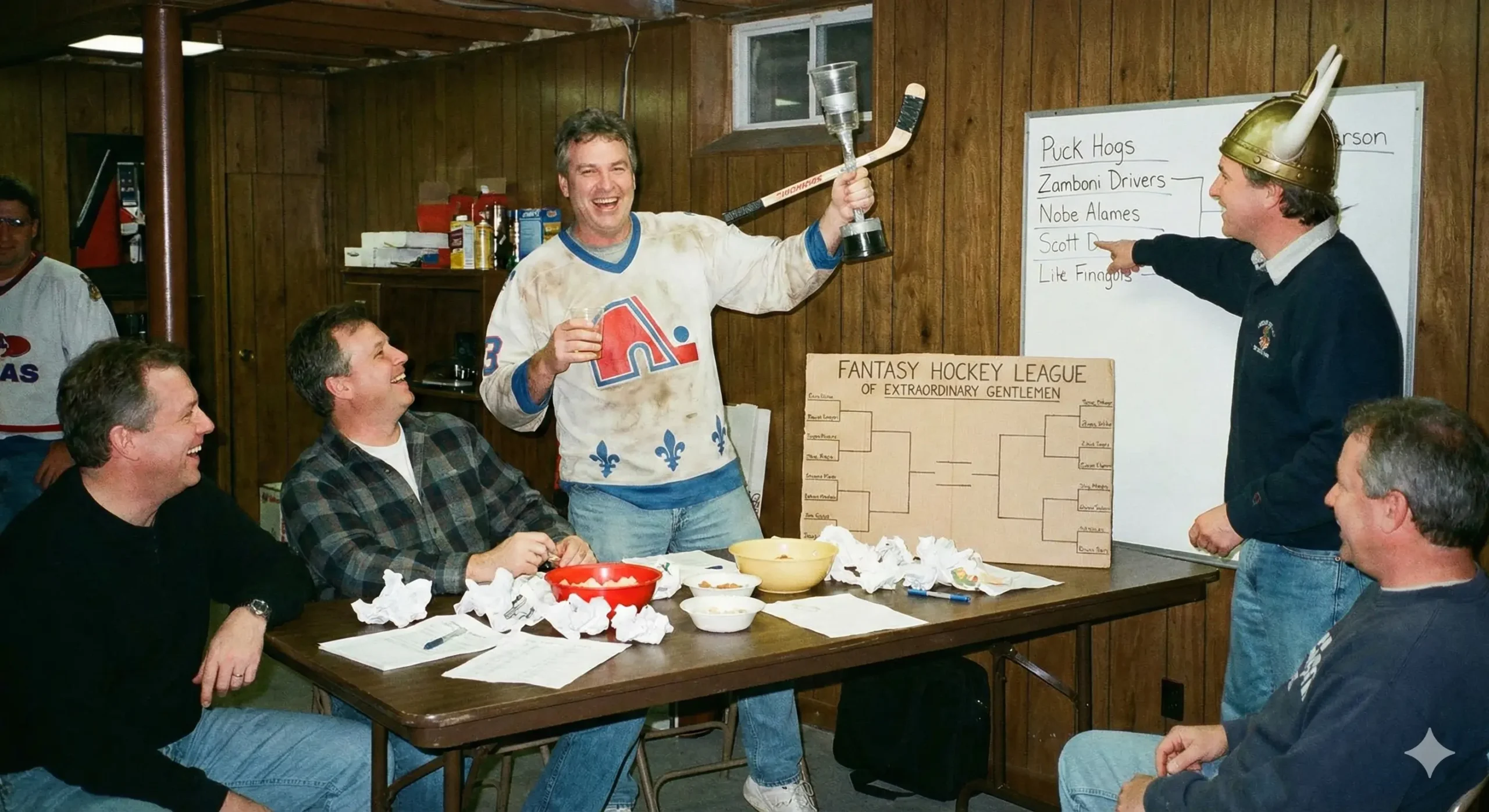 Fantasy hockey league friends laughing together during draft night