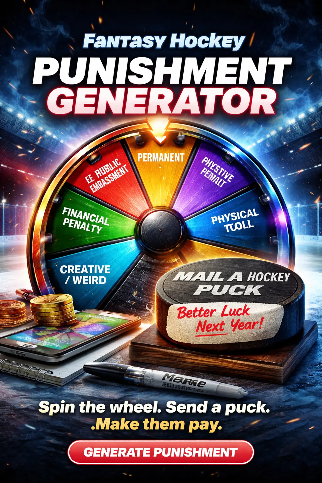 Fantasy hockey punishment generator for last-place loser punishments, shame awards, and funny fantasy hockey league ideas.