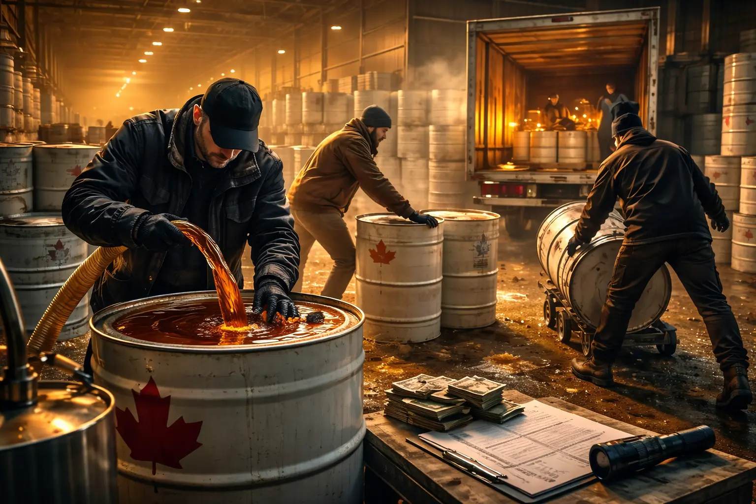 Cinematic wide image of a maple syrup heist: warehouse barrels, shadows, and stealthy movement.
