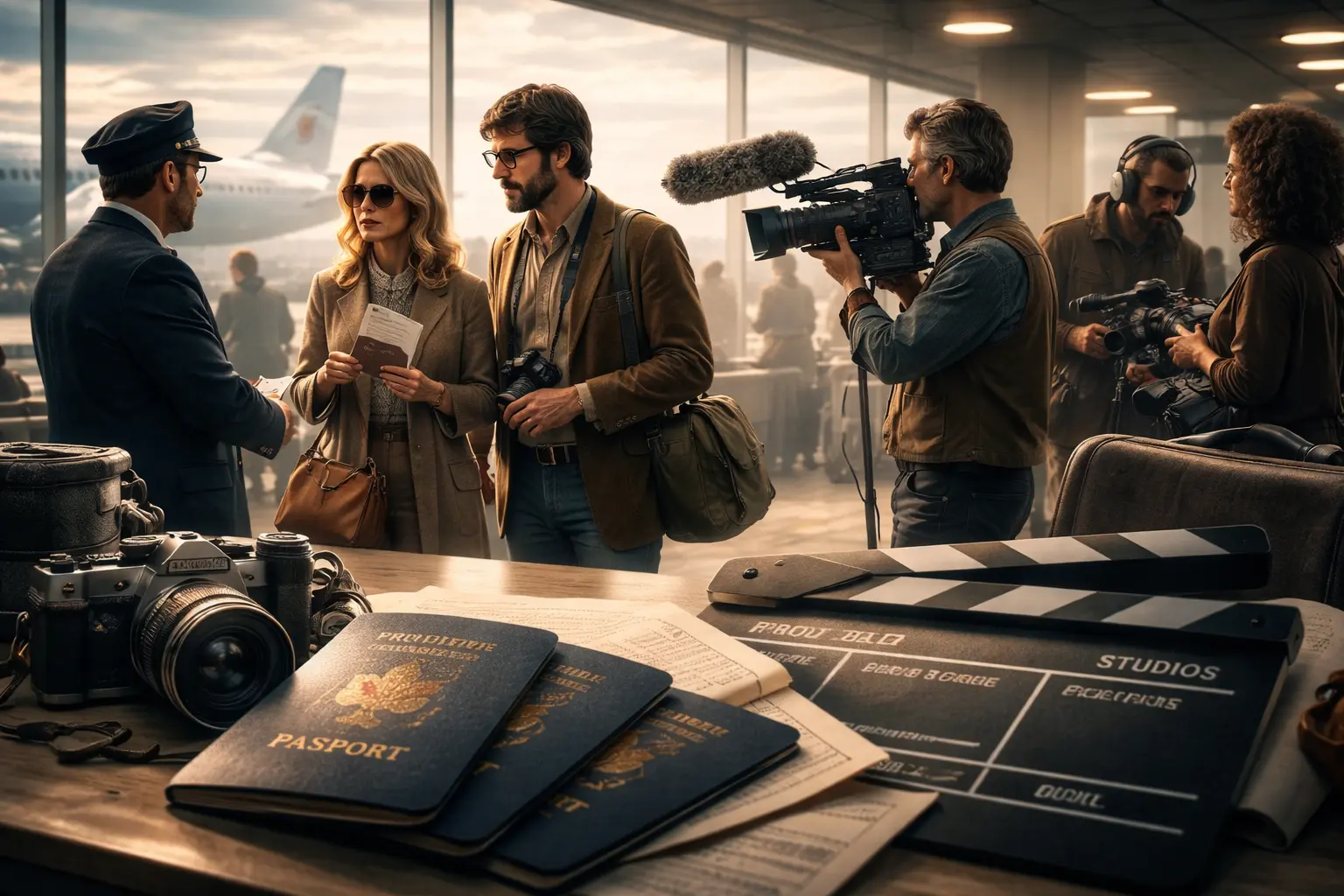 Cinematic airport escape vibe: Canadian passports, film-crew cover story props, and a covert travel scene.