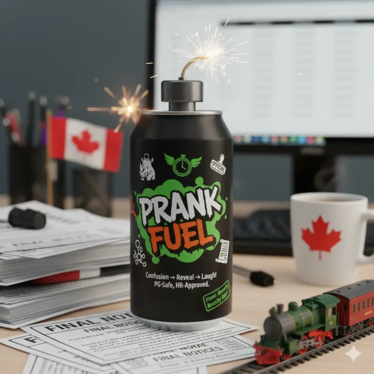A matte black "Prank Fuel" can with a sparkling fuse on top, sitting on a Canadian office desk surrounded by "Final Notice" prank mail and a miniature toy train.