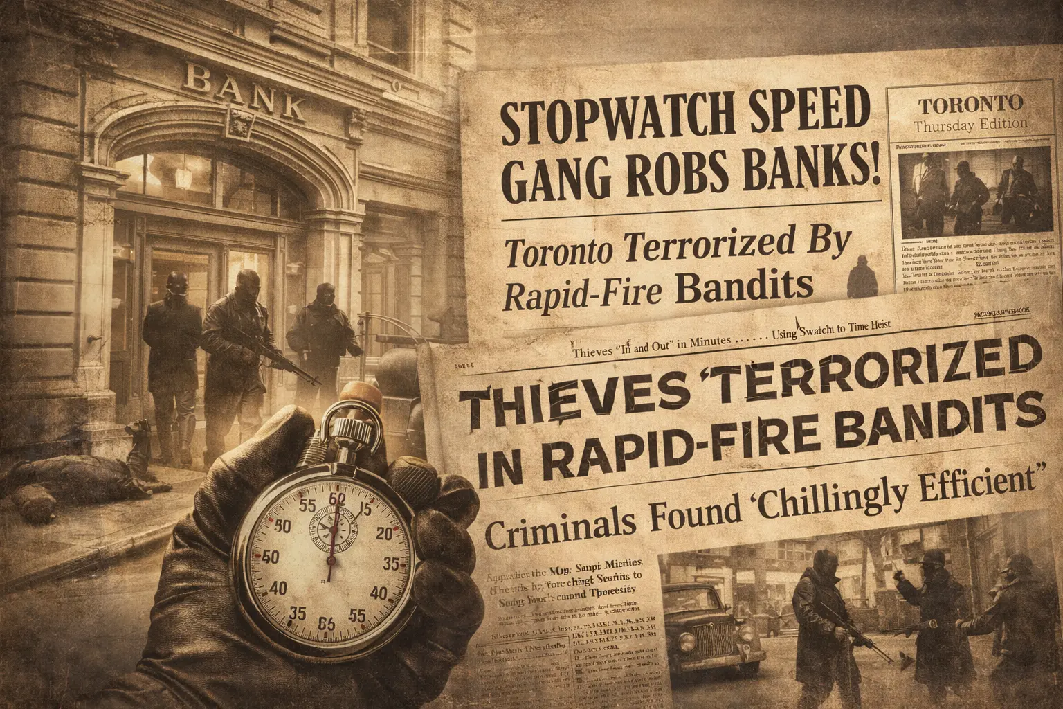 Vintage-style visual for the Stopwatch Gang featuring a stopwatch and old-time headline aesthetic.