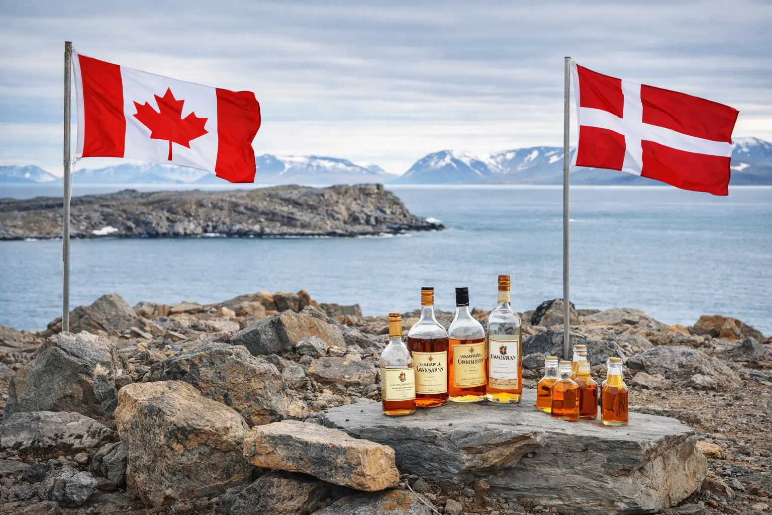 Wide image of Hans Island: a barren Arctic rock with subtle Canadian and Danish flag symbolism.