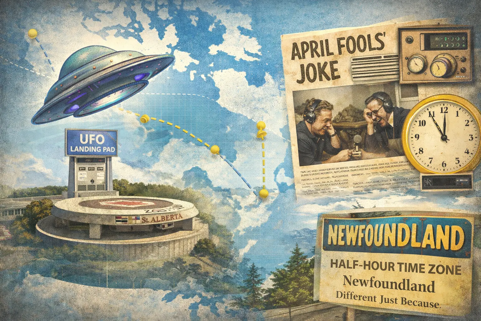 Playful Canada collage featuring a UFO landing pad, retro radio April Fools broadcast gag, and a clock highlighting Newfoundland’s half-hour time zone.