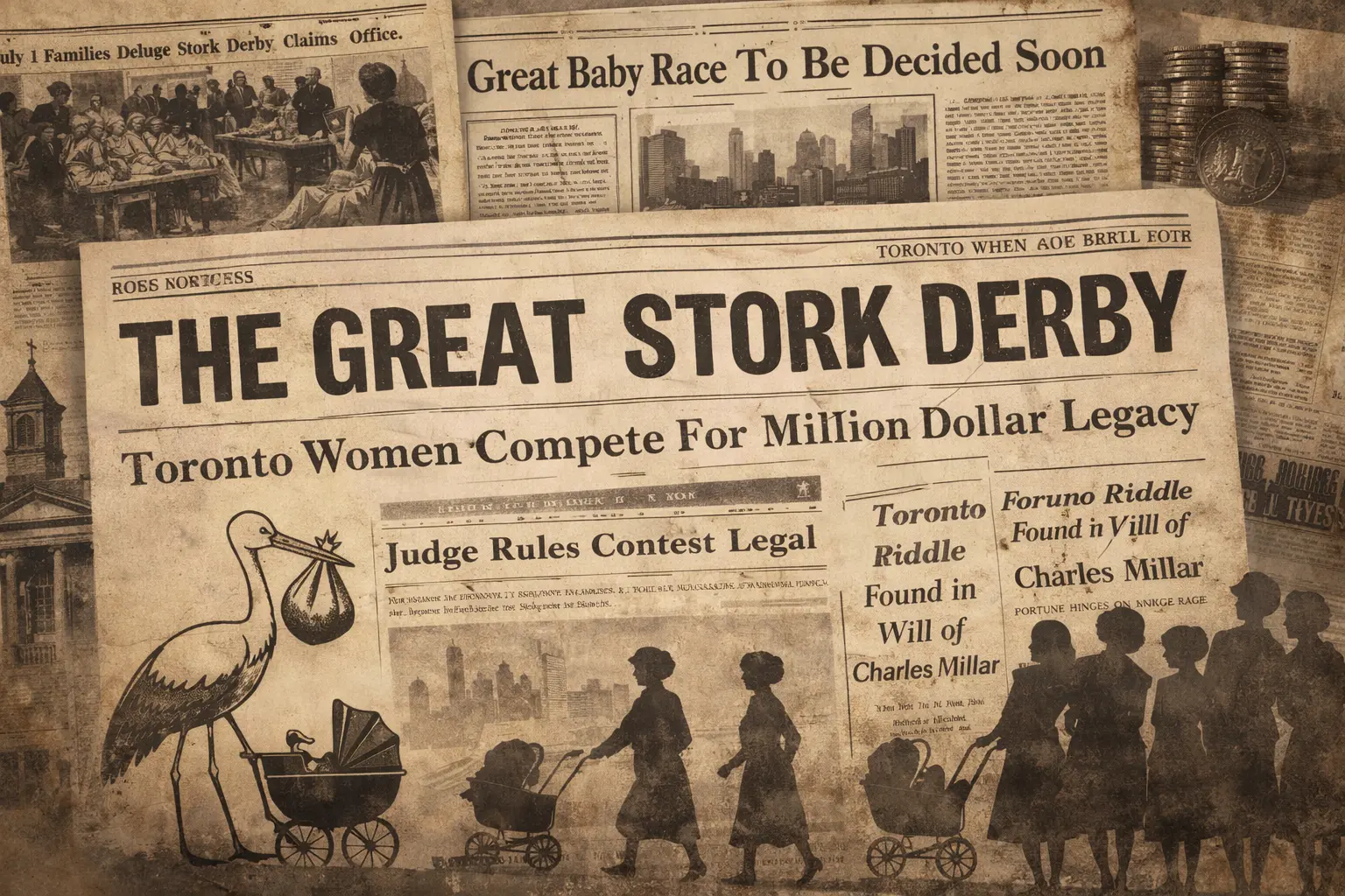 Vintage newspaper-style collage referencing Toronto’s Great Stork Derby with archival-looking headlines and imagery.