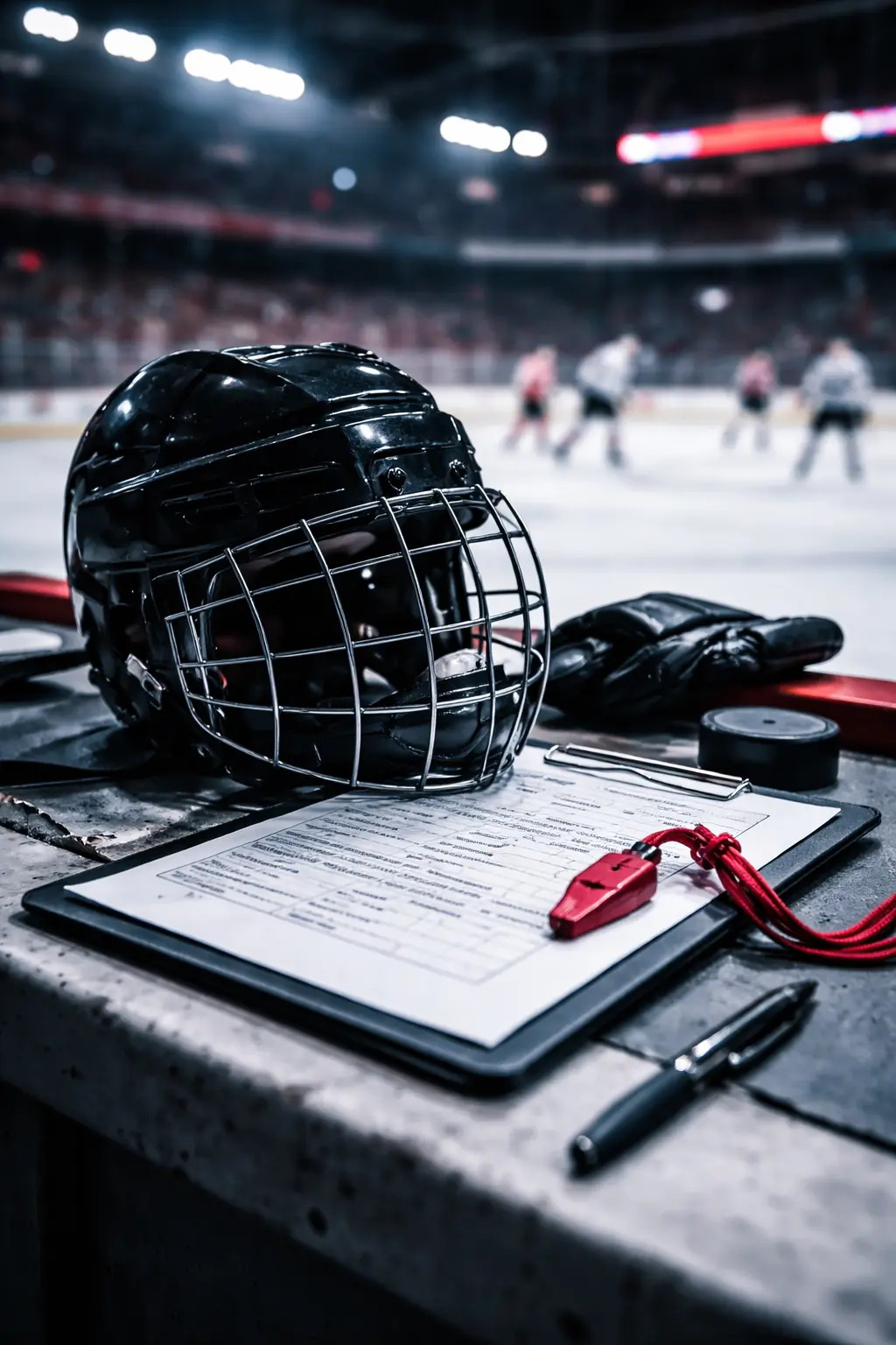 Hockey culture resource image showing hockey helmet, whistle, and rule sheet on a bench.