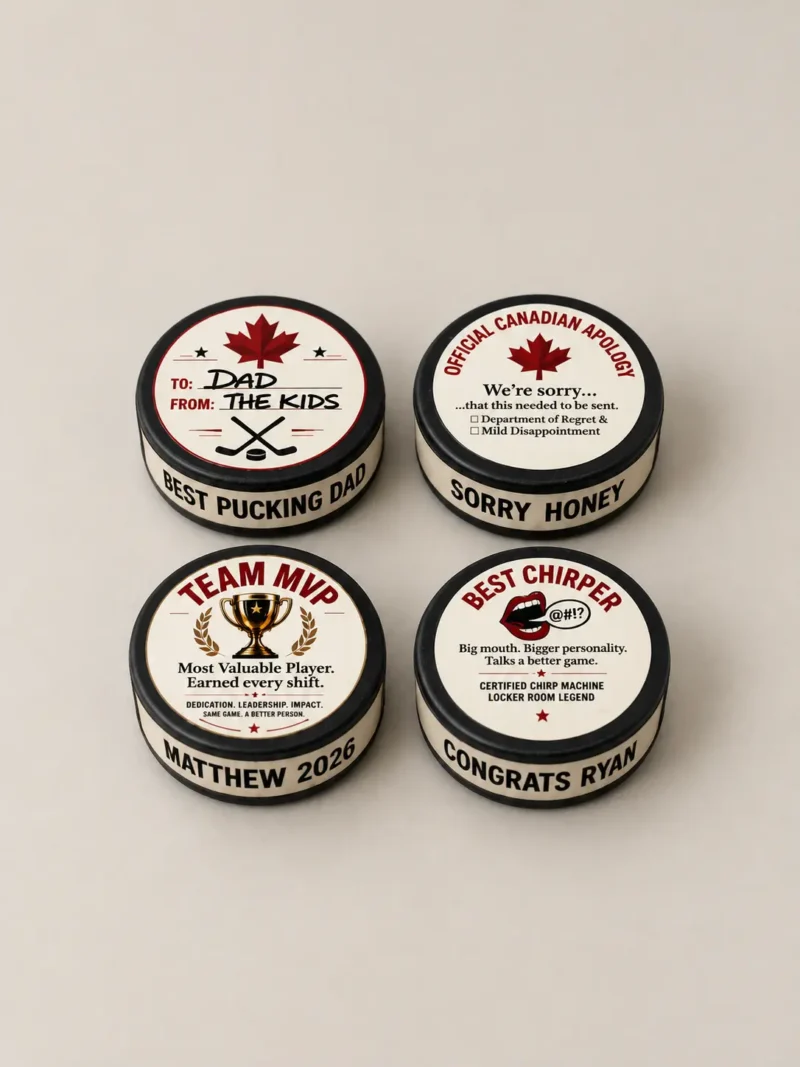 The Puck Drop™ Custom Hockey Pucks (2) Four personalized hockey pucks with custom printed labels on a warm neutral background.